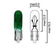 Green bulb glass wedge base, T5 W1,2W 12V 1,2W. Pack of 5 pcs.